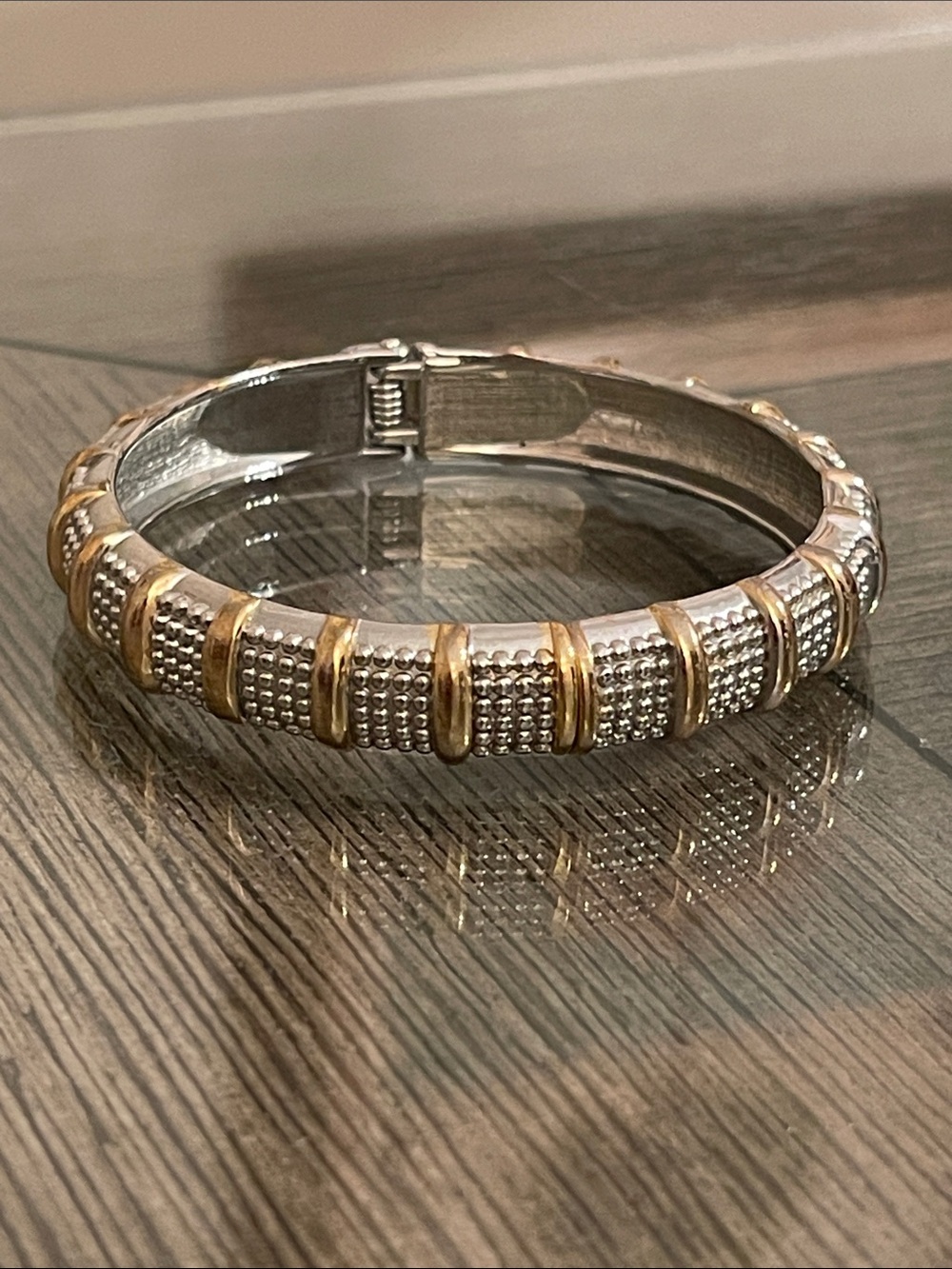 Vintage Style Two-Tone Textured & Ribbed Clamper Bracelet 7 1/4” approx